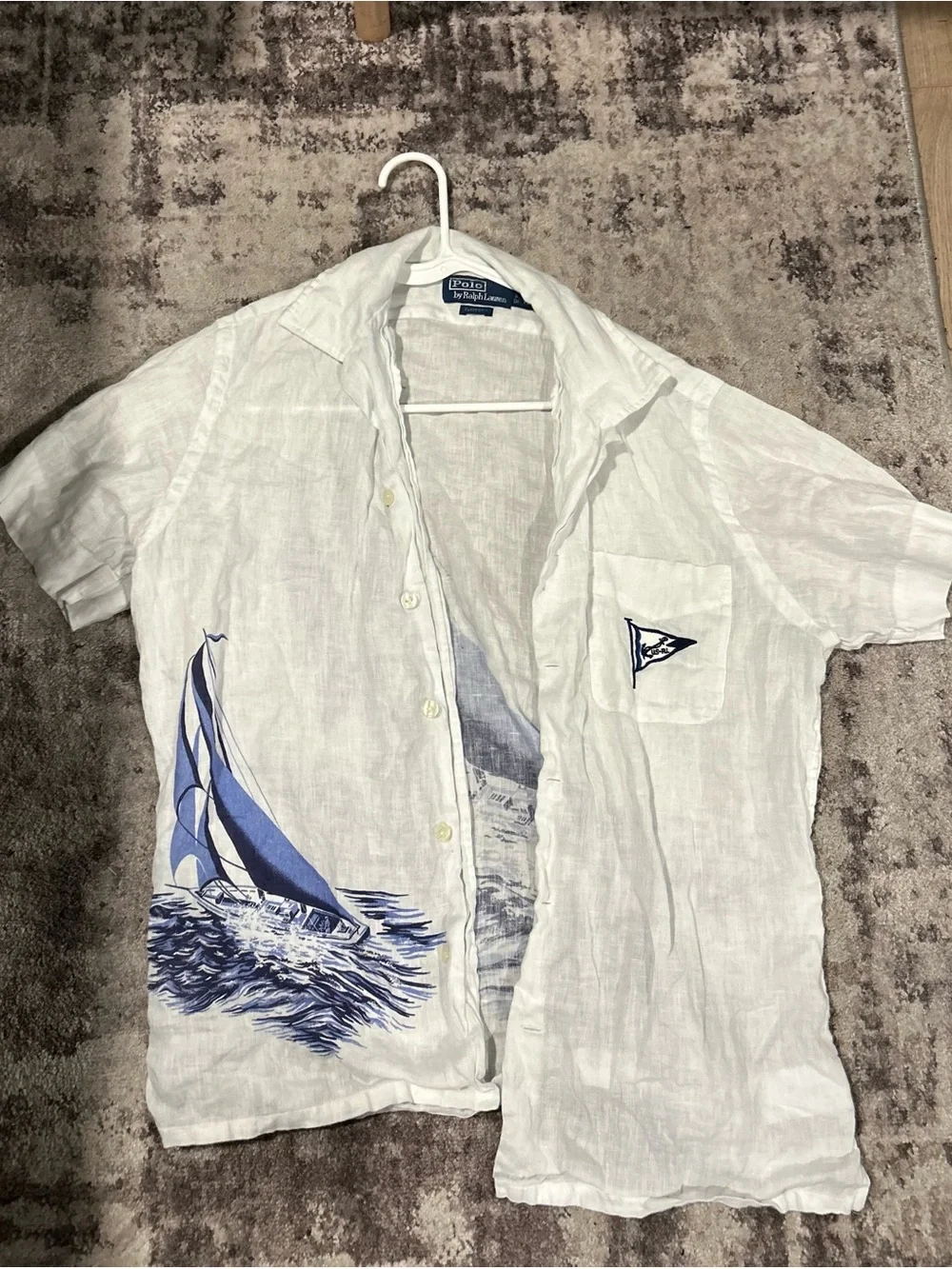 Polo by Ralph Lauren White Linen Short-Sleeve Shirt with Blue Sailboat Print